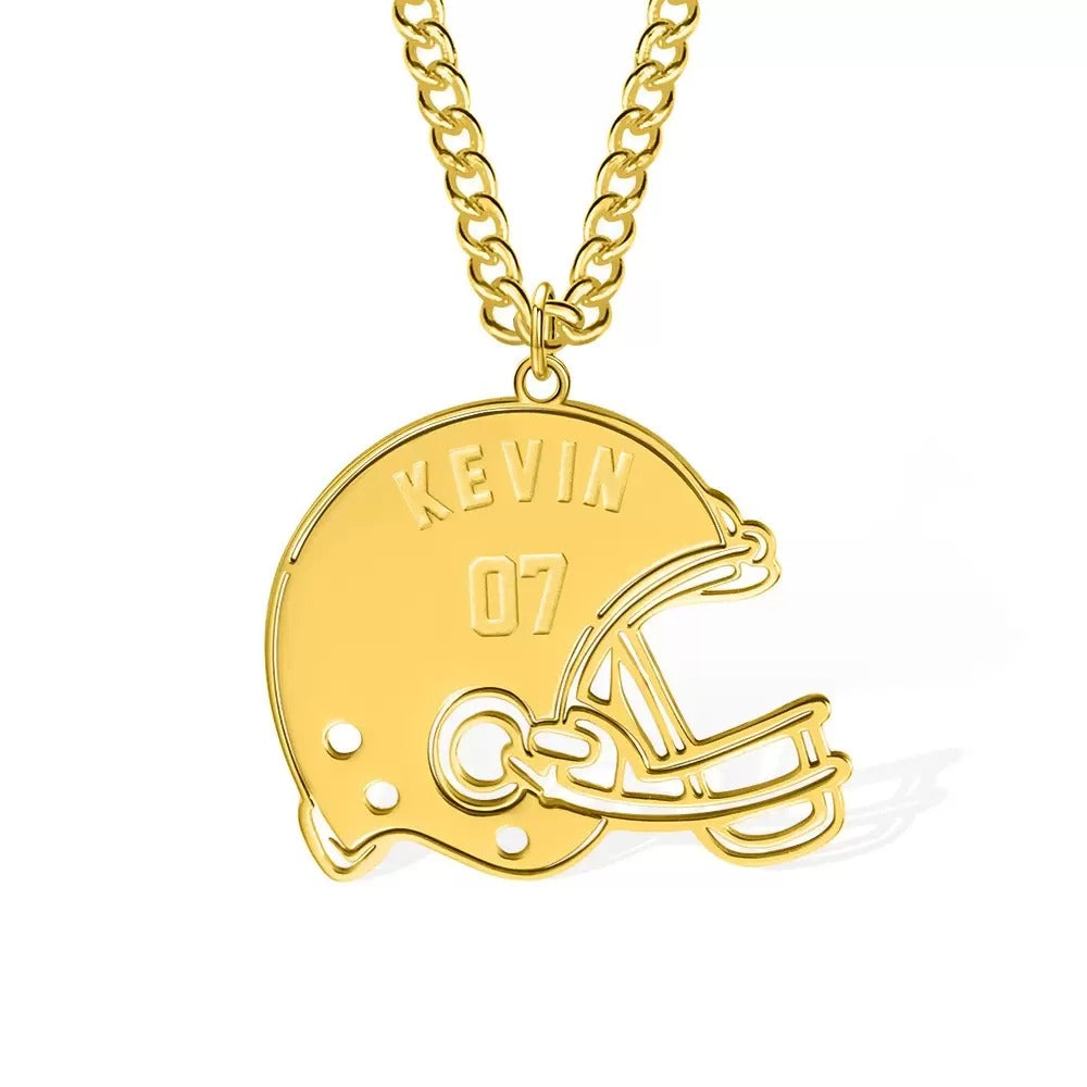 Helmet Name Necklace, Personalized Carved Name Jersey Number Helmet Pendant Chain for Sports Football Fans