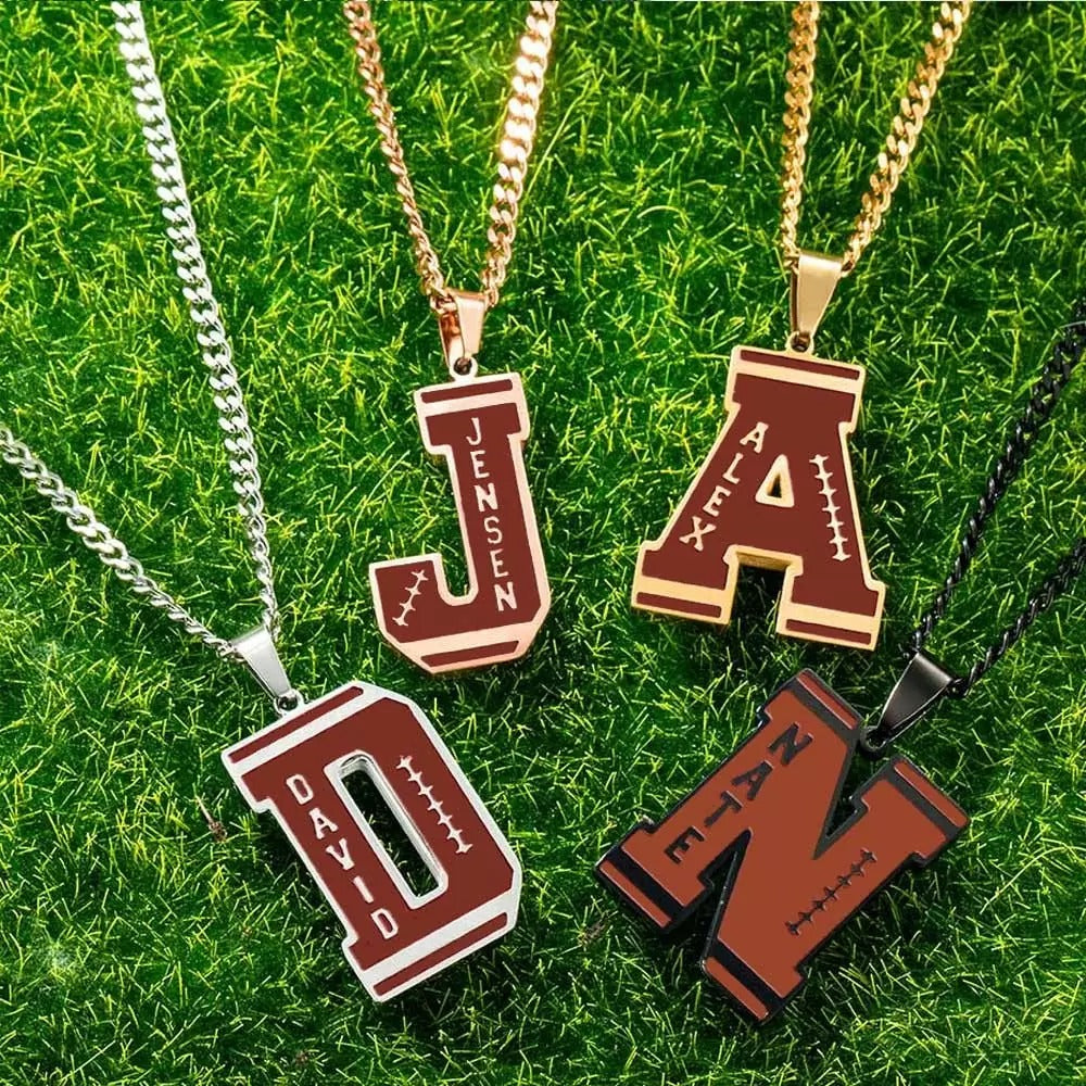 Personalized Initial , Football Necklace with Name Engraved, Sports Jewelry, Gift for Athletes/Football Mom/Girls/Fans