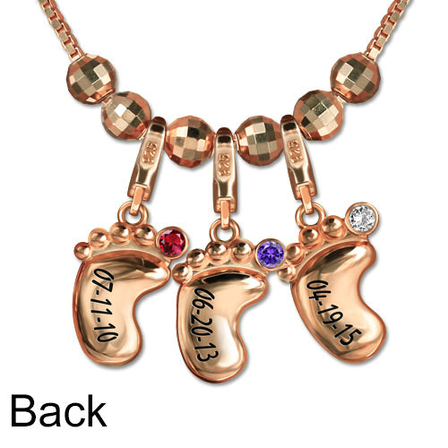 Engraved Name 3D Baby Feet Necklace with Birthstone In Rose Gold