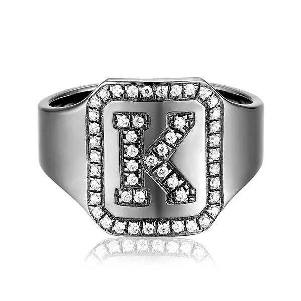 Personalized Black Plated CZ's Initial Ring In Sterling Silver