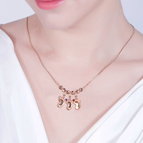 Engraved Name 3D Baby Feet Necklace with Birthstone In Rose Gold