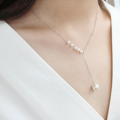 Women Round Shell Pearls Y Shape 925 Sterling Silver Necklace