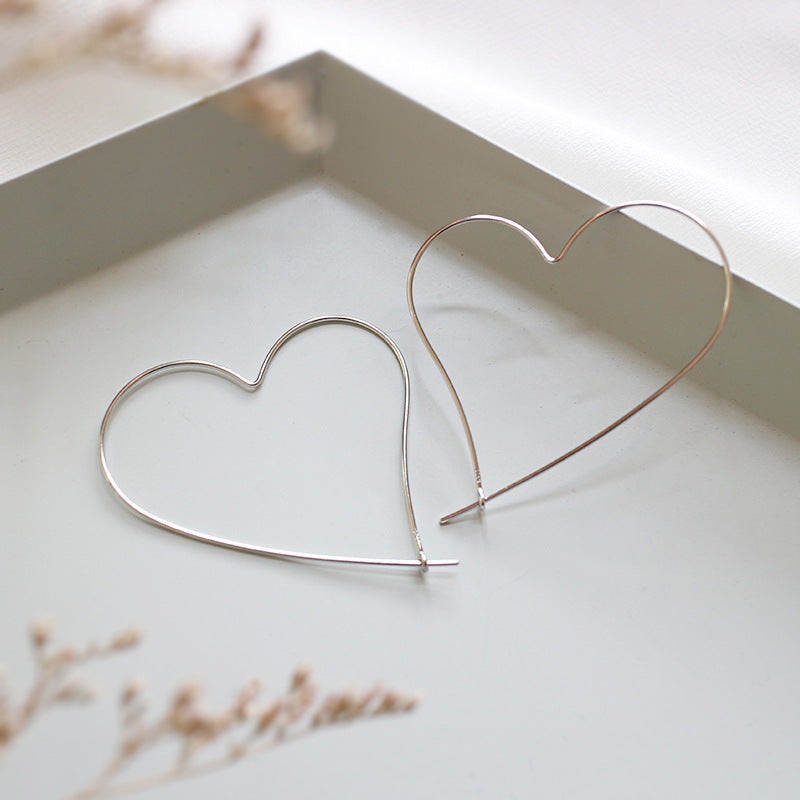 Simple Hollow Big Heart 925 Sterling Silver Hoop Earrings