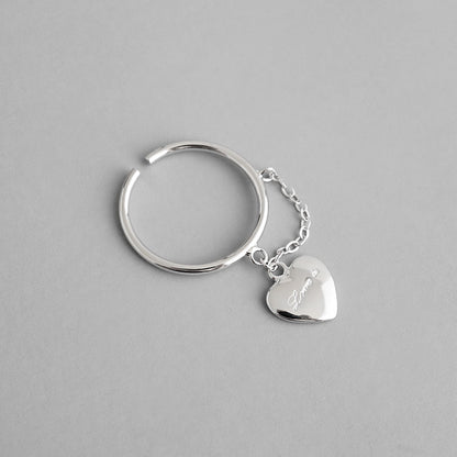 Women Simple Heart Chain 925 Sterling Silver Adjustable Ring