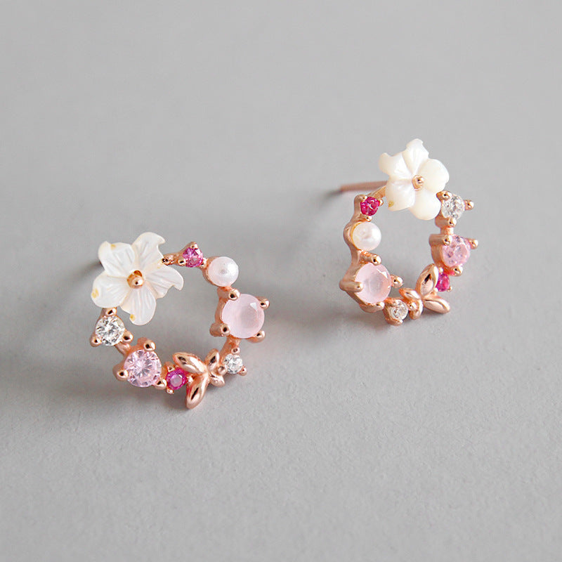 Beautiful Pink CZ Shell Flowers Garland 925 Sterling Silver Stud Earrings