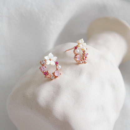 Beautiful Pink CZ Shell Flowers Garland 925 Sterling Silver Stud Earrings