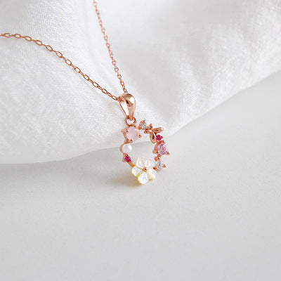 Beautiful Pink CZ White Shell Flower Garland 925 Sterling Silver Necklace