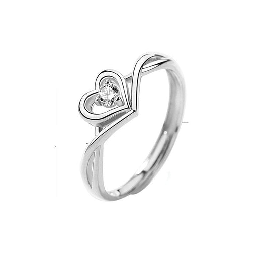 Hollow CZ Heart Love Twisted 925 Sterling Silver Adjustable Promise Ring