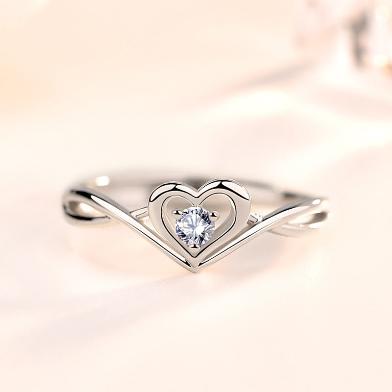 Hollow CZ Heart Love Twisted 925 Sterling Silver Adjustable Promise Ring