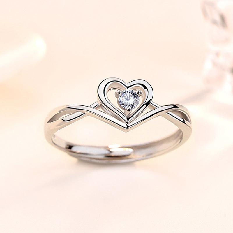 Hollow CZ Heart Love Twisted 925 Sterling Silver Adjustable Promise Ring