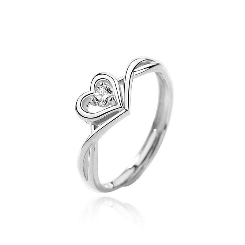 Hollow CZ Heart Love Twisted 925 Sterling Silver Adjustable Promise Ring