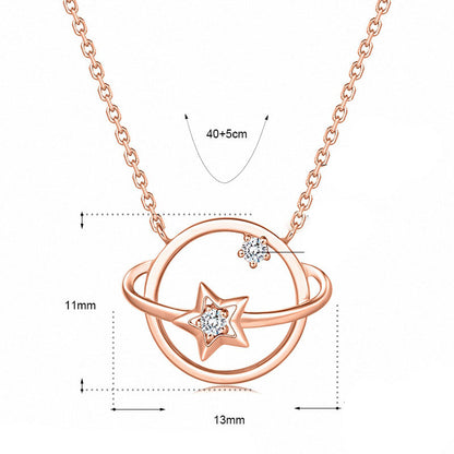 Lady Hollow CZ Star Planet 925 Sterling Silver Necklace