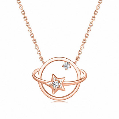 Lady Hollow CZ Star Planet 925 Sterling Silver Necklace