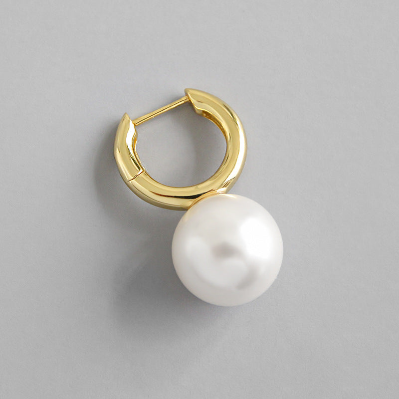 Fashion Big Round Shell Pearl 925 Sterling Silver Hoop Earring(Single)