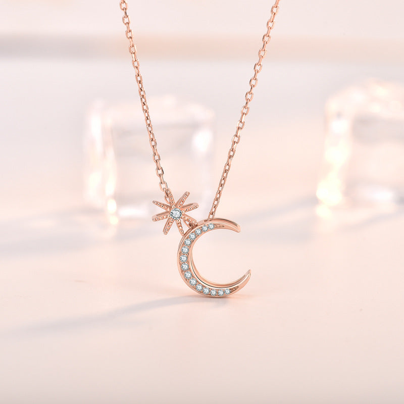 Sweet CZ Star Crescent Moon Casual 925 Sterling Silver Necklace