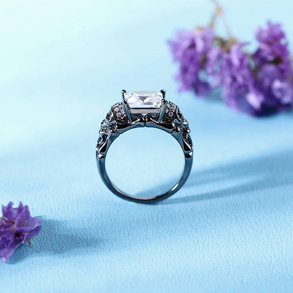 Skull Ring With Square Birthstones In Black Plated Silver