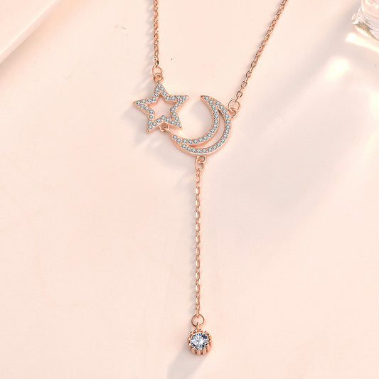 Friend's CZ Hollow Crescent Moon Star Tassels 925 Sterling Silver Necklace