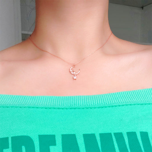 Cute CZ Crescent Moon Mouse 925 Sterling Silver Necklace