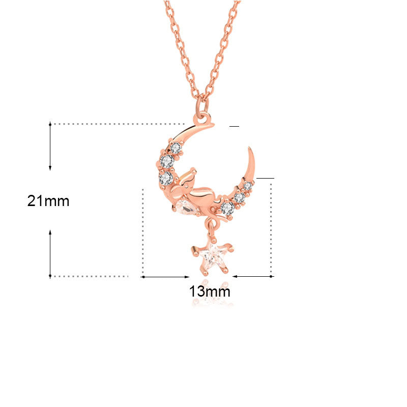 Cute CZ Crescent Moon Mouse 925 Sterling Silver Necklace