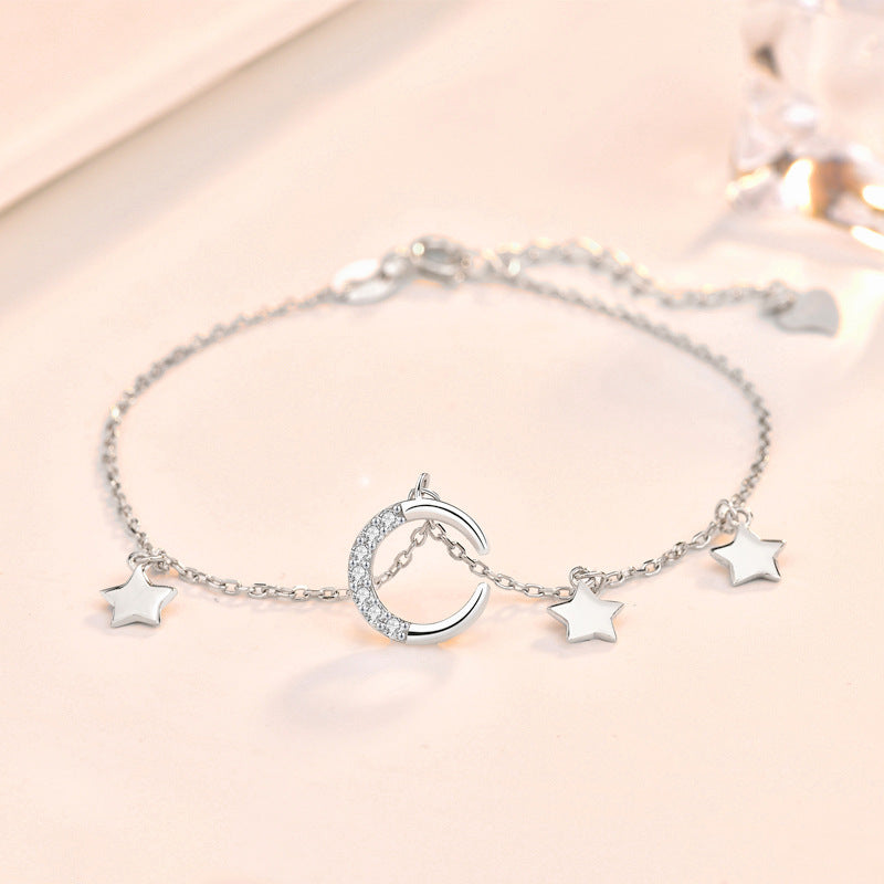 Friends' CZ Crescent Moon Stars 925 Sterling Silver Bracelet