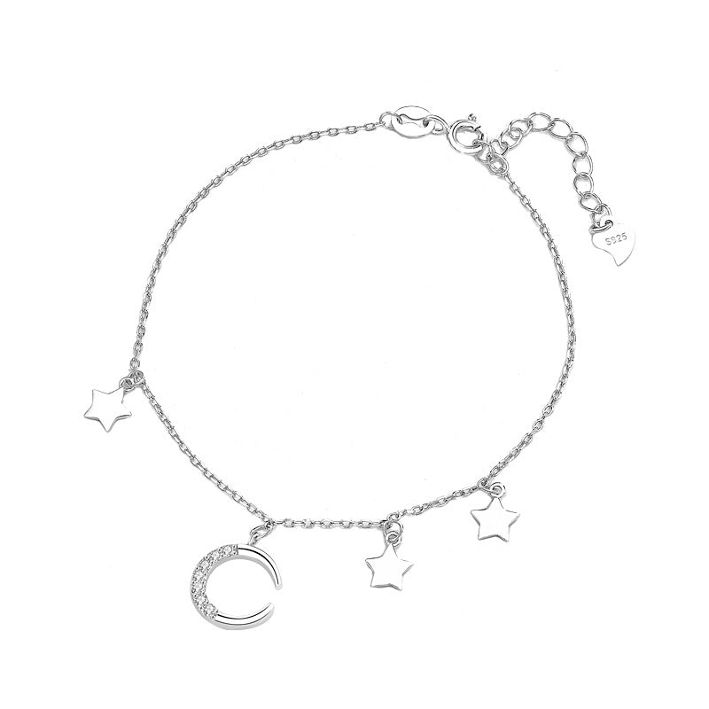 Friends' CZ Crescent Moon Stars 925 Sterling Silver Bracelet