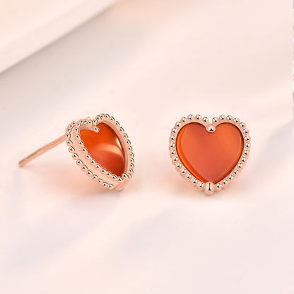 Honey Moon Red Natural Agate Heart 925 Sterling Silver Stud Earrings