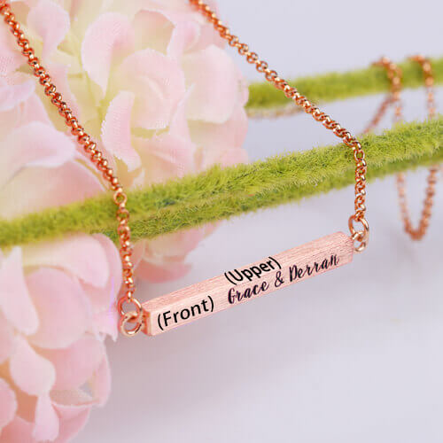Custom Four Side Engraved Bar Necklace In Rose Gold