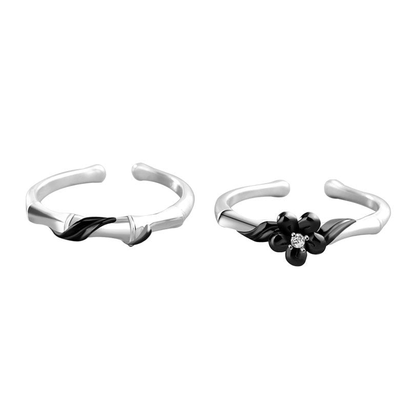 New Black Bamboo CZ Flower 925 Sterling Silver Adjustable Promise Ring