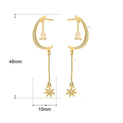 Elegant CZ Crescent Moon Stars 925 Sterling Silver Dangling Earrings