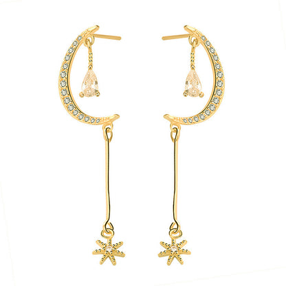 Elegant CZ Crescent Moon Stars 925 Sterling Silver Dangling Earrings