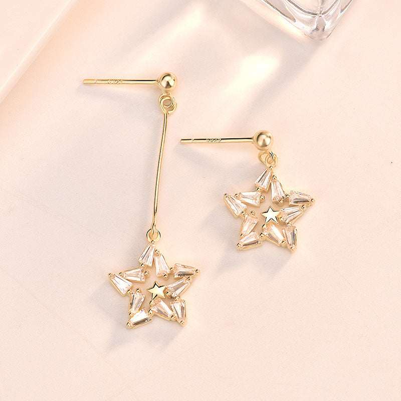 Asymmetry Shining CZ Star 925 Sterling Silver Dangling Earrings