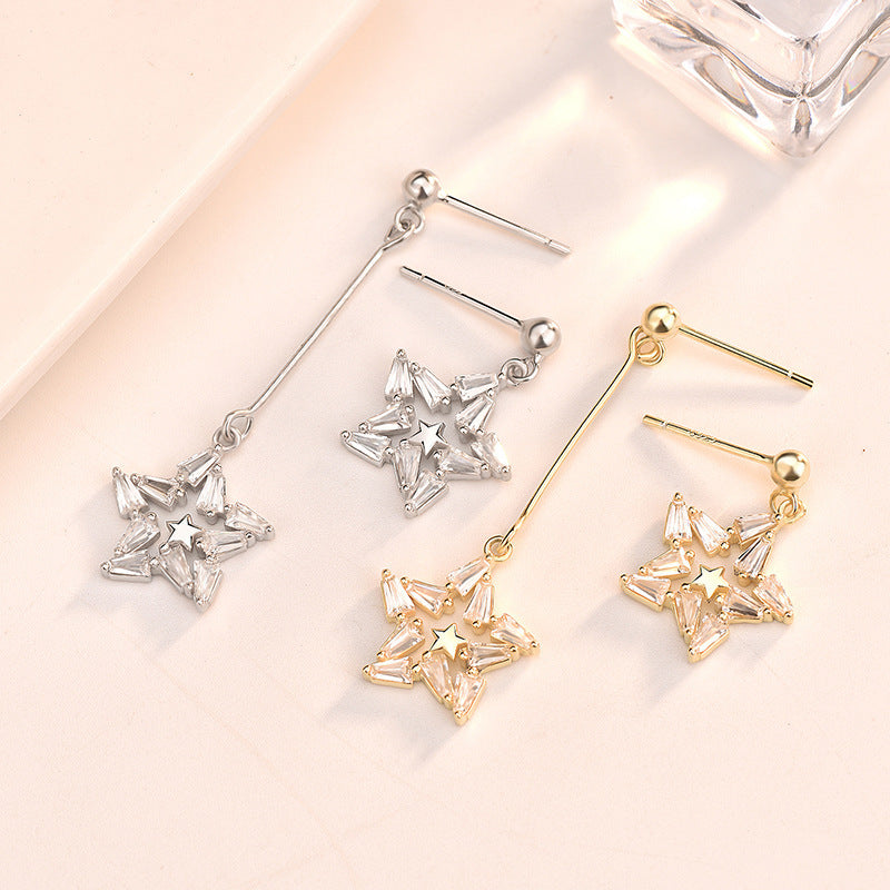 Asymmetry Shining CZ Star 925 Sterling Silver Dangling Earrings