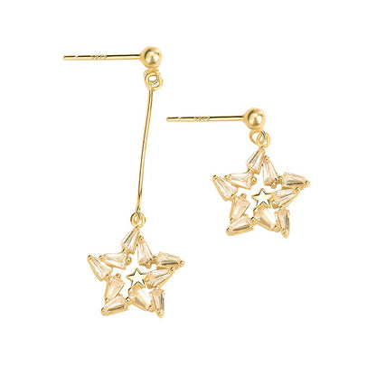 Asymmetry Shining CZ Star 925 Sterling Silver Dangling Earrings