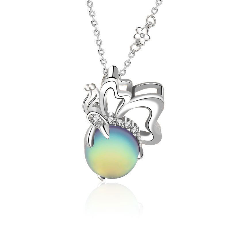 Cute Natural Moonstone CZ Flying Butterfly 925 Sterling Silver Necklace