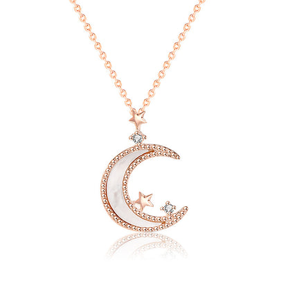 Women Mother of Shell Crescent Moon CZ Stars 925 Sterling Silver Necklace