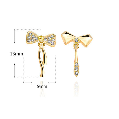 Sweet Asymmetry CZ Bowknot 925 Sterling Silver Dangling Earrings