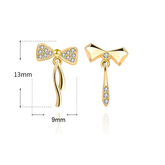 Sweet Asymmetry CZ Bowknot 925 Sterling Silver Dangling Earrings