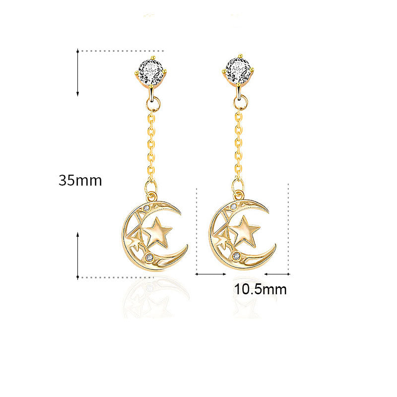 Beautiful Hollow CZ Crescent Moon Stars 925 Sterling Silver Dangling Earrings