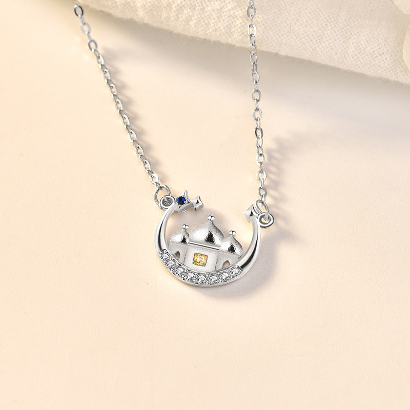 Women CZ Star Moon Castle 925 Sterling Silver Necklace