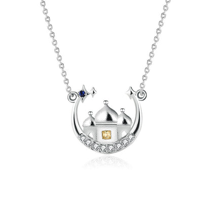 Women CZ Star Moon Castle 925 Sterling Silver Necklace