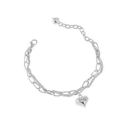 Girl Double Layers Hollow Chain Heart 925 Sterling Silver Bracelet