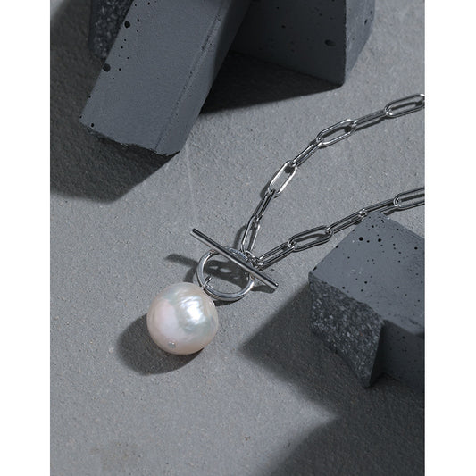 Office Irregular Natural Pearl Hollow Chain 925 Sterling Silver Necklace