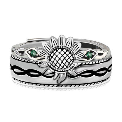 Vintage Sunflower Sun CZ 925 Sterling Silver Adjustable Promise Ring