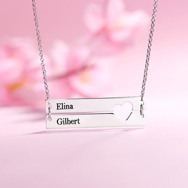 Engravable Double Bar Necklace with Heart Cutout In Silver