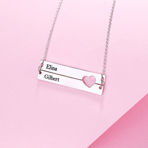 Engravable Double Bar Necklace with Heart Cutout In Silver