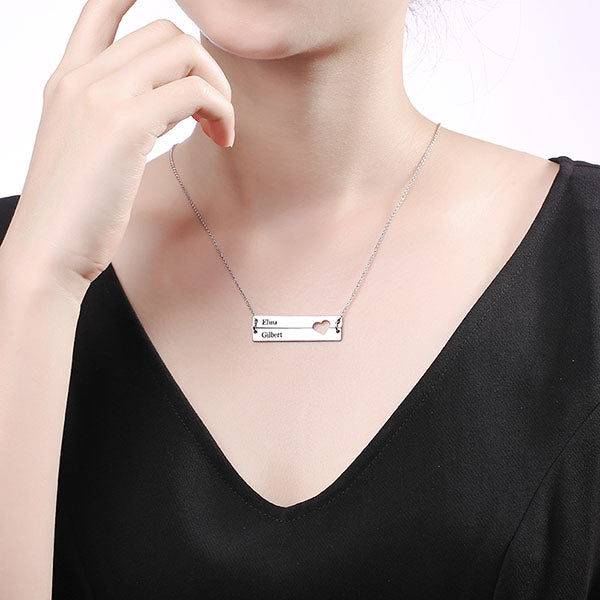 Engravable Double Bar Necklace with Heart Cutout In Silver