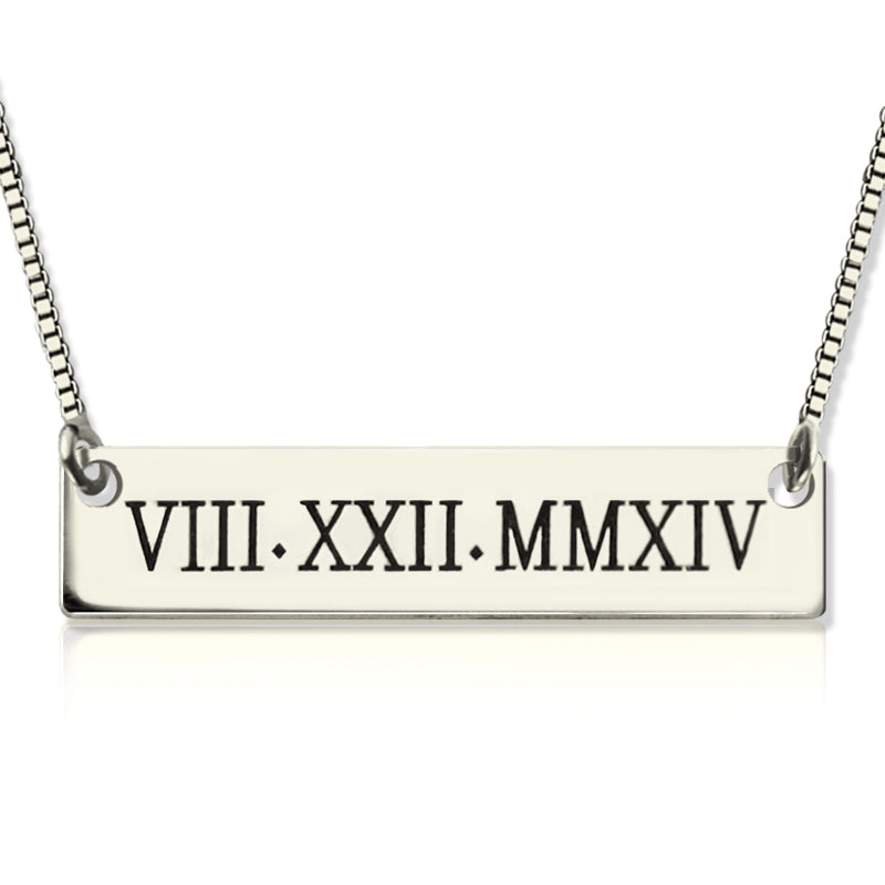 Custom Roman Numeral Bar Necklace Sterling Silver