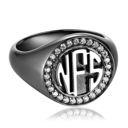 Personalized Circle Monogram CZ Ring Black plated