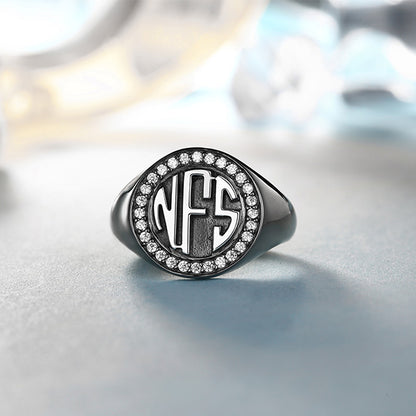 Personalized Circle Monogram CZ Ring Black plated