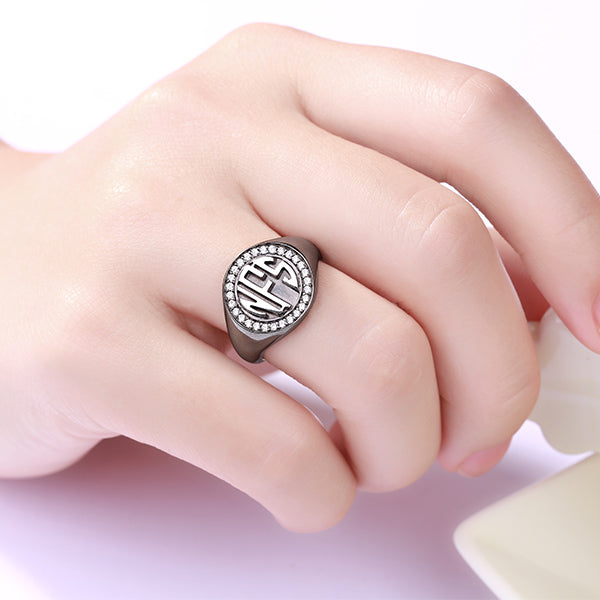 Personalized Circle Monogram CZ Ring Black plated